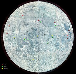 The near side of the Moon, showing Luna probe landing locations with red triangles, Surveyor in yellow, and the later Apollo landings in Green