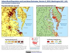Population density and elevation above sea level around the Chesapeake Bay. Norfolk is especially vulnerable to sea level rise.