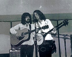Clarence White and Roger McGuinn on stage during the Byrds' September 9, 1972, appearance at Washington University in St. Louis.