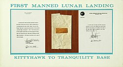 Pieces of fabric and wood from the first airplane, the 1903 Wright Flyer, traveled to the Moon in Apollo 11's Lunar Module Eagle and are displayed at the Wright Brothers National Memorial.