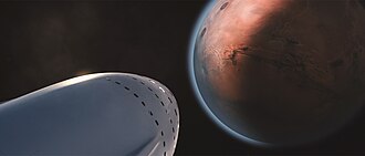 A rendering of the Interplanetary Transport System approaching Mars, a concept colony ship of the in-development SpaceX Mars Colonization Program
