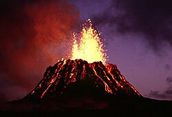 A lava fountain at Pu'u 'O'o, a volcanic cone on the flank of Kilauea. Kilauea is one of the most active volcanoes in the world and erupted nearly continuously from 3 January 1983 to April 2018.