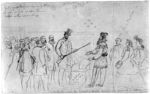 Lincoln examining Kinman's rifle in 1864, while accepting an elkhorn chair. Drawing by Alfred Waud.