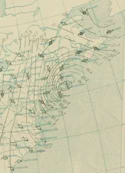 Surface analysis of the Great Blizzard of 1888. Areas with greater isobaric packing indicate higher winds.