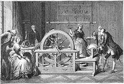 In an 18th-century experiment in "natural philosophy" (later to be called "physics") English scientist Francis Hauksbee works with an early electrostatic generator.