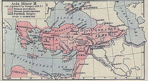 This 1911 map depicts the provinces and client states which Pompey organised in the east.