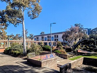 Looking south-west from the main concourse towards Building 8 (the library).