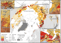 Map of likely risk to infrastructure from permafrost thaw expected to occur by 2050.[114]