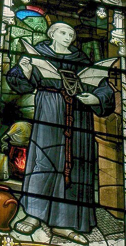 1920 Stained glass window of the monk Eilmer of Malmesbury holding his wings (early 11th century)