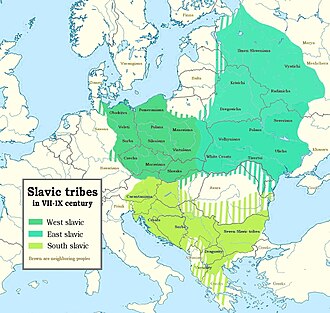 Map showing the distribution of Slavic tribes between the 7th–9th centuries AD