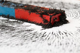 The shape of a bar magnet's magnetic field is revealed by the orientation of iron filings sprinkled on the table around it.