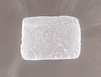 Subliming dry ice pellet, with white frost on the surface