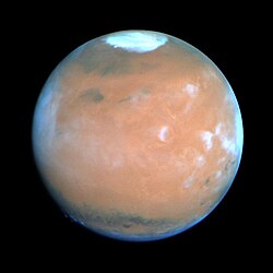 1995 photo of Mars showing approximate size of the polar caps