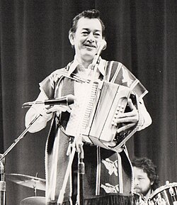 Jiménez on stage at Farnham, U.K., 1985 (on tour with Peter Rowan)