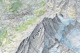 A traditional topographic map rendered in 3D