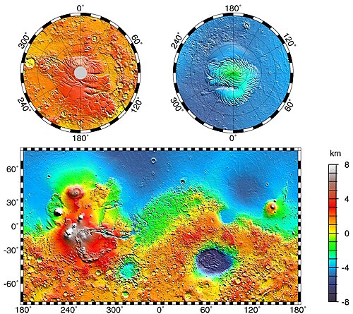 The blue region of low topography in the Martian northern hemisphere is hypothesized to be the site of a primordial ocean of liquid water.[1]
