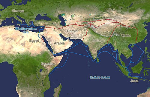 The economically important Silk Road was blocked from Europe by the Ottoman Empire in c. 1453 with the fall of the Byzantine Empire. This spurred exploration, and a new sea route around Africa was found, triggering the Age of Discovery.