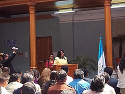 Governor Dora Otilia Alcahé López giving her inauguration speech in Quetzaltenango in February 2012