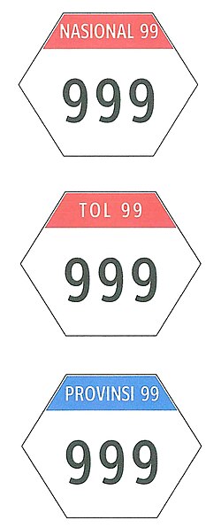 Examples of road signs of Indonesia National Route based on "Peraturan Dirjen Hubdat Kemenhub 2019"; a National Road, a Toll Road, and a Provincial Road