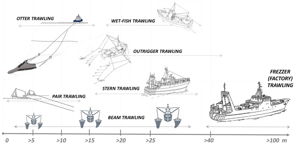 Trawler classifion by the type of gear and standard length [20]