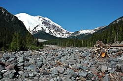 The dry gravel bed of the White River floodplain near the campground in Mount Rainier National Park.