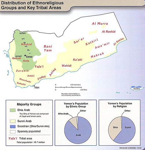 Yemen's tribal areas and Shia/Sunni regions. Shia Muslims predominant in the green area of Yemen's West, with the rest of Yemen being Sunni Muslims