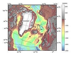 Regional map of the North East Atlantic. Bathymetry shown in colour; land topography in grey. RR: Reykjanes Ridge; KR: Kolbeinsey Ridge; JMMC: Jan Mayen Microcontinent; AR: Aegir Ridge; FI: Faroe Islands. Red lines: boundaries of the Caledonian orogen and associated thrusts, dashed where extrapolated into younger Atlantic Ocean.[66]