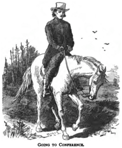 Illustration from The Circuit Rider: A Tale of the Heroic Age by Edward Eggleston. The well-organized Methodists sent the circuit rider to create and serve a series of churches in a geographical area.