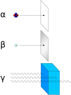 Alpha particles may be completely stopped by a sheet of paper, beta particles by aluminium shielding. Gamma rays can only be reduced by much more substantial mass, such as a very thick layer of lead.