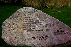 Memorial stone for Swayze dedicated in November 2009, at Mountain Lake Hotel where Dirty Dancing was filmed