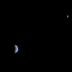 A picture of Earth and the Moon from Mars. The presence of the Moon (which has about 1/81 the mass of Earth), is slowing Earth's rotation and extending the day by a little under 2 milliseconds every 100 years.