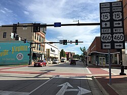 View south along US 15 Bus. at US 460 Bus. and the south end of SR 45 in Farmville
