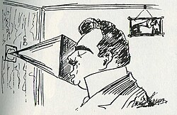 Self-caricature of Caruso making a record (note "His Master's Voice" trademark on wall)