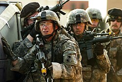 U.S. Army soldiers of the 1st Battalion, 175th Infantry Regiment, Maryland Army National Guard conducting an urban cordon and search exercise as part of the army readiness and training evaluation program in the mock city of Balad at Fort Dix, New Jersey