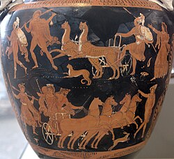 Rape of Persephone. Hades with his horses and Persephone (down). An Apulian red-figure volute krater, c. 340 BC. Antikensammlung Berlin