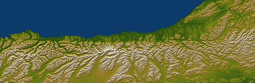 The Southern Alps rise dramatically beside the Alpine Fault on New Zealand's West Coast. About 500 kilometres (300 mi) long; northwest at top.