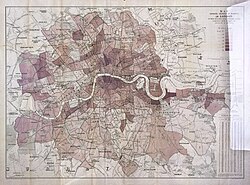 In the 1880s, if this place is so cut into three: east, central and west zones of about 30,000 inhabitants each, the central one had less than 10% recognisable poverty, the minimum of London's map above, but the others (east and west) more than 40%.