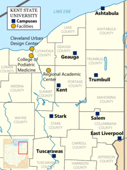 Map of KSU campuses and facilities in Northeast Ohio
