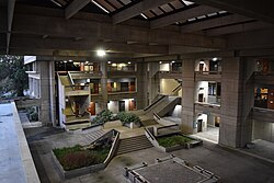 The covered courtyard which is part of the Vern W. Miller Civic Center, which is a complex of buildings, including a branch of the public library, a fire station, city hall, and the police department (until 2020.)