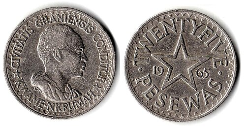 25 pesewas (Ȼ0.25) coins depicting Nkrumah: "Civitatis Ghanensis Conditor" ("Founder of the Ghanaian State")