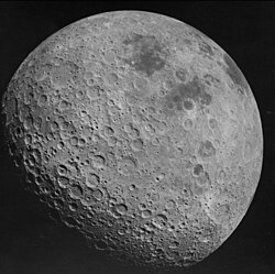 The far side of the Moon, with Mare Marginis and Mare Smythii visible, photographed by Apollo 16 in 1972. It is much more cratered than the near side of the Moon.