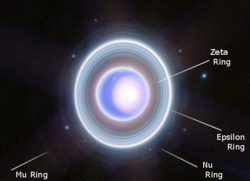 Uranus's rings, inner moons, and atmosphere as imaged by the James Webb Space Telescope's near-infrared camera.