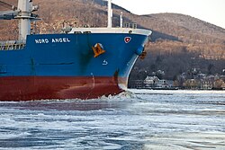 The bulk carrier Nord Angel breaking ice on the Hudson