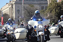 Washington, D.C., police on Harley-Davidson motorcycles introduce the March for Life protest on Constitution Avenue in January 2018.