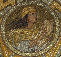 Miriam, prophetess in the Book of Exodus. 20th century mosaic in the Abbey of the Dormition