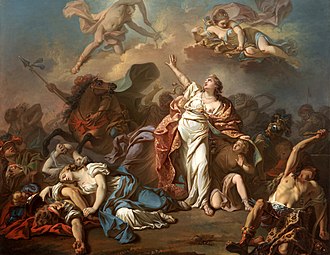 A 1772 painting by Jacques-Louis David depicting Niobe attempting to shield her children from Artemis and Apollo. Dallas Museum of Art, Dallas.