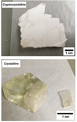 Difference between cryptocrystalline and crystalline magnesite.