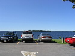 Oneida Lake taken from the Yacht Club in Cicero. Two small islands in the lake can be seen from this shoreline.