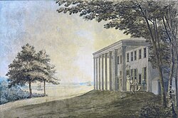 Mount Vernon with the Washington family on the terrace, a 1796 portrait by Benjamin Henry Latrobe