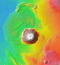 Colorized topographic map of Olympus Mons and its surrounding aureole, from the MOLA instrument of Mars Global Surveyor